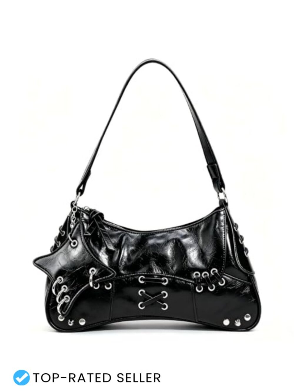 Y2K Gothic Crescent Hobo Shoulder Bag Womens Studded Punk Faux Leather Handbag